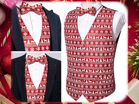 Men's Christmas Waistcoat Buy 1 Get 1 Free Random Design in Your Size Barry Wang® Vest Set Gilet Bowtie XMAS [Reindeer Red+]