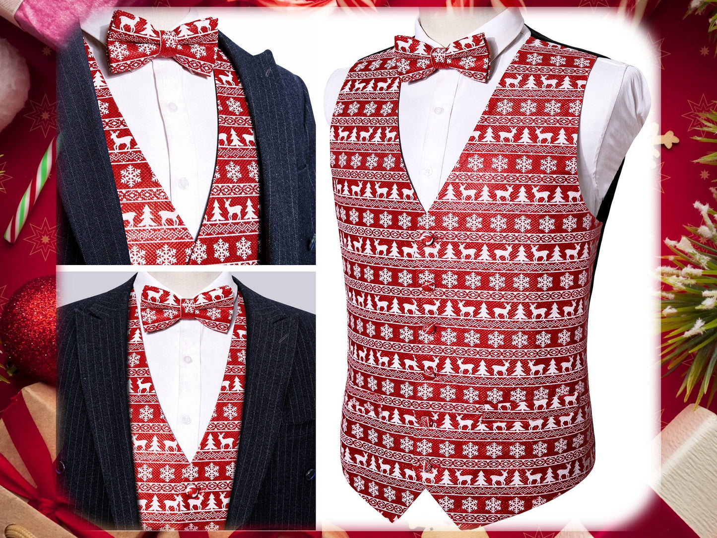 Men's Christmas Waistcoat Barry Wang Vest Set Gilet Bowtie XMAS GIFT [Snowflakes Green+]