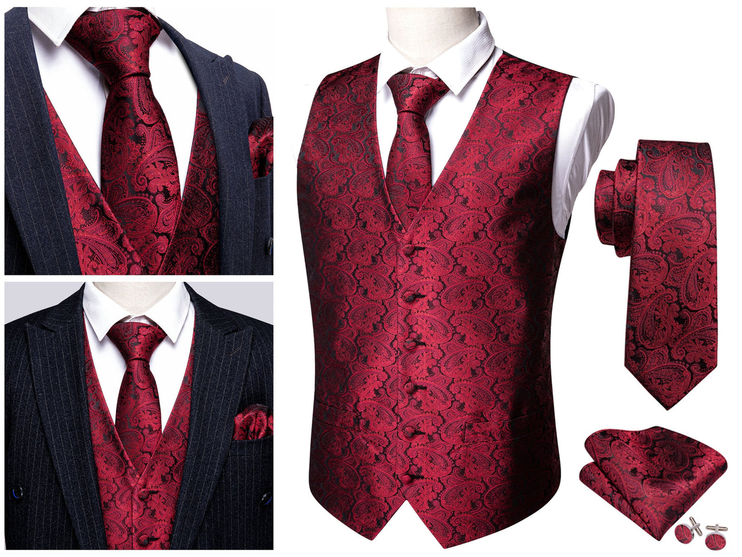 Men's Novelty Waistcoat Floral Silky Set Gilet Tuxedo Vest Barry Wang Casual Business [Charcoal Whales+]