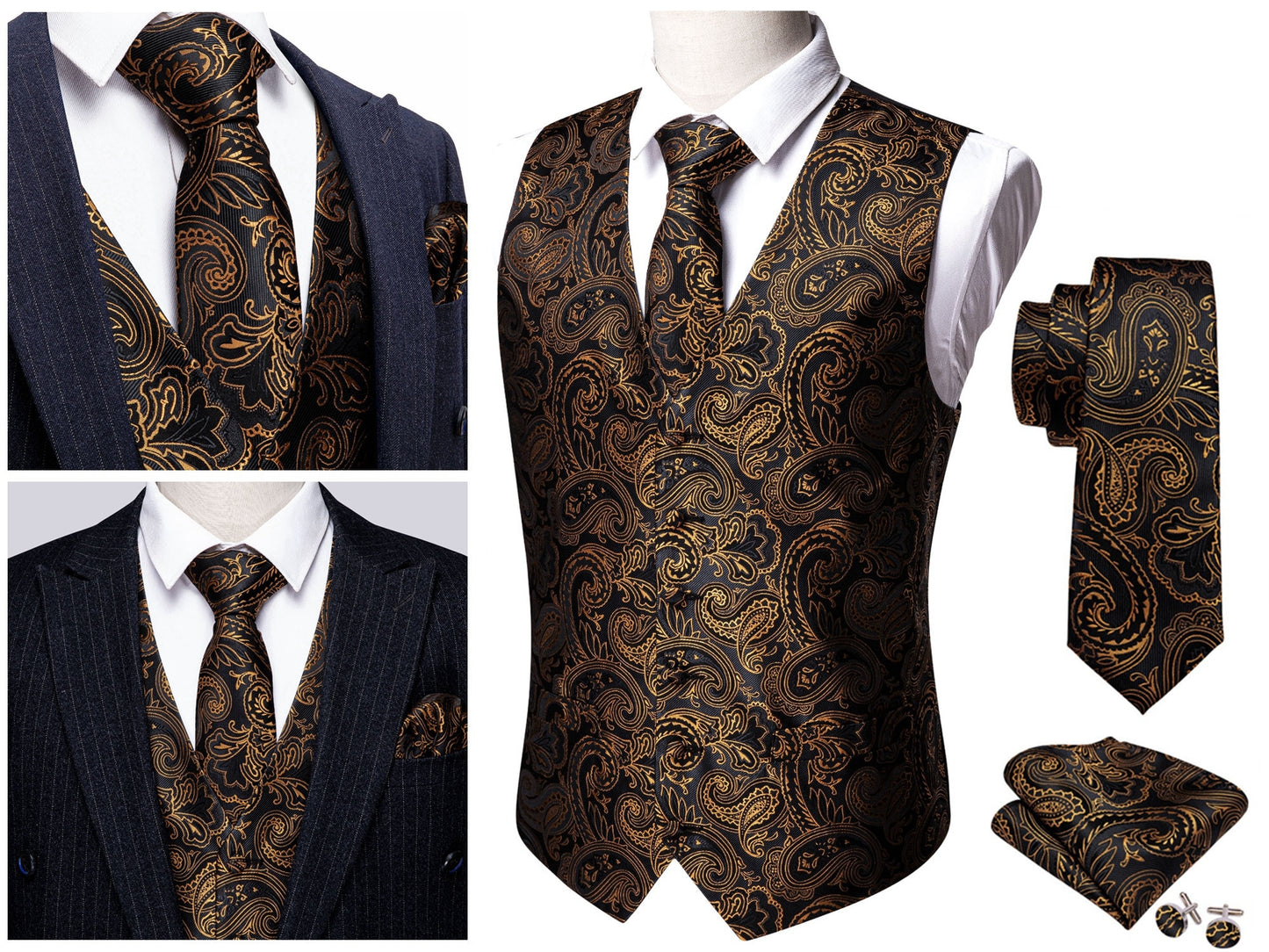 Men's Novelty Waistcoat Floral Silky Set Gilet Tuxedo Vest Barry Wang Casual Business [Charcoal Whales+]