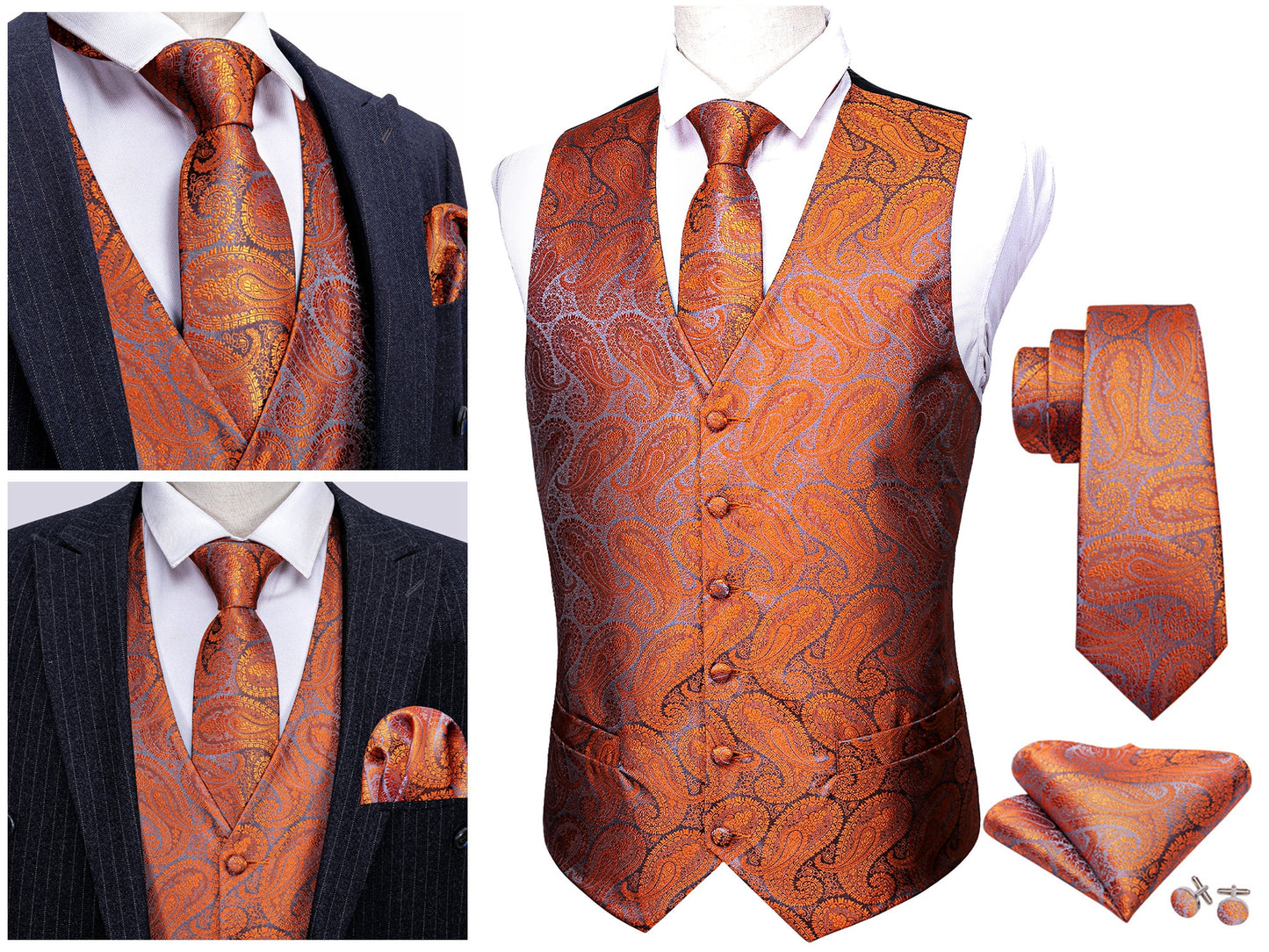 Men's Novelty Waistcoat Floral Silky Set Gilet Tuxedo Vest Barry Wang Casual Business [Charcoal Whales+]