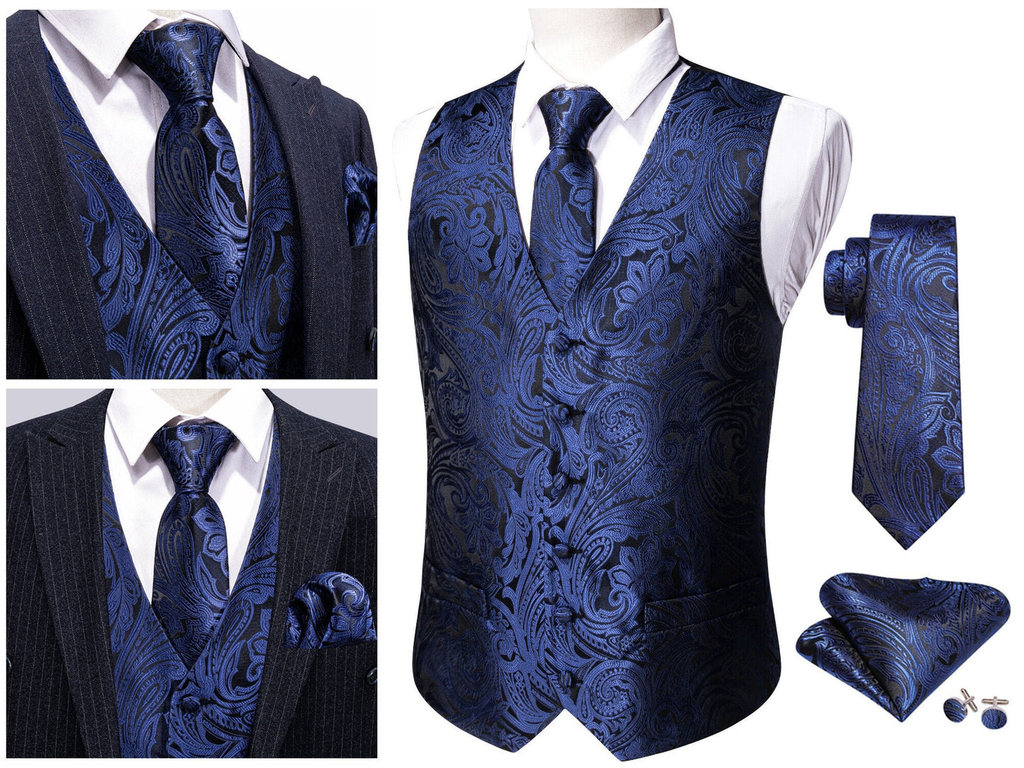 Men's Floral Waistcoat Novelty Silky Set Gilet Tuxedo Vest Barry Wang Casual Business [Budhi Silver+]