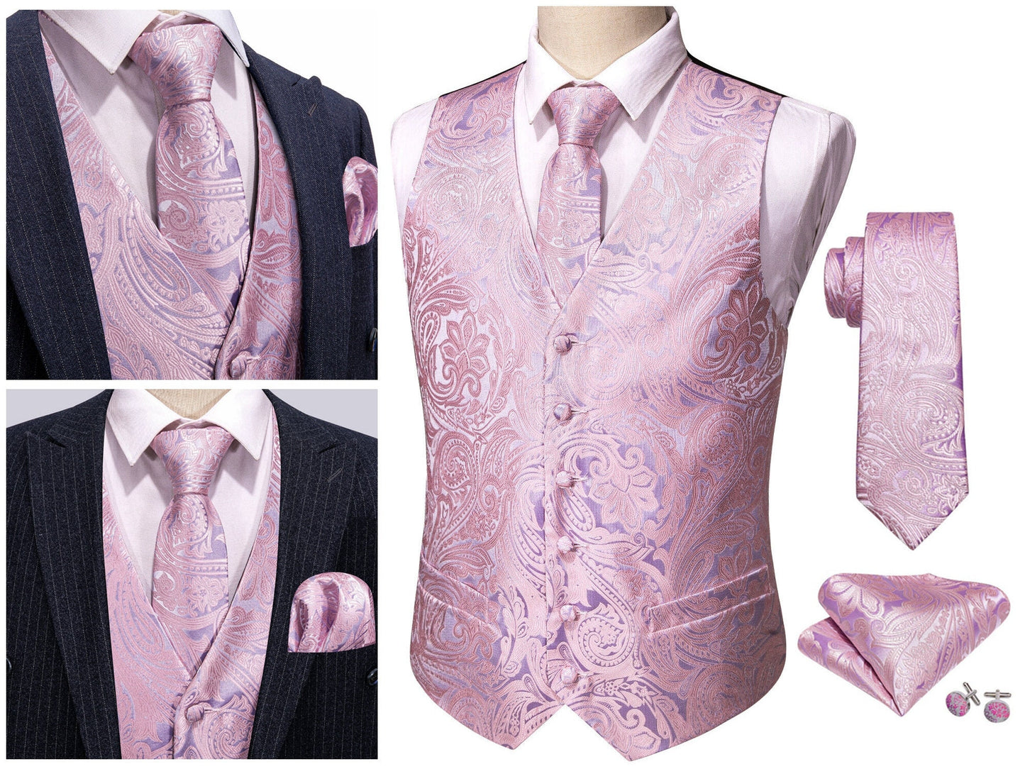Men's Floral Waistcoat Novelty Silky Set Gilet Tuxedo Vest Barry Wang Casual Business [Budhi Navy+]