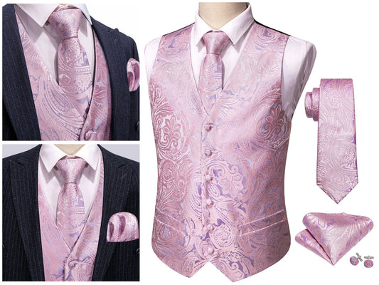 Men's Floral Waistcoat Novelty Silky Set Gilet Tuxedo Vest Barry Wang Casual Business [Budhi Blush+]