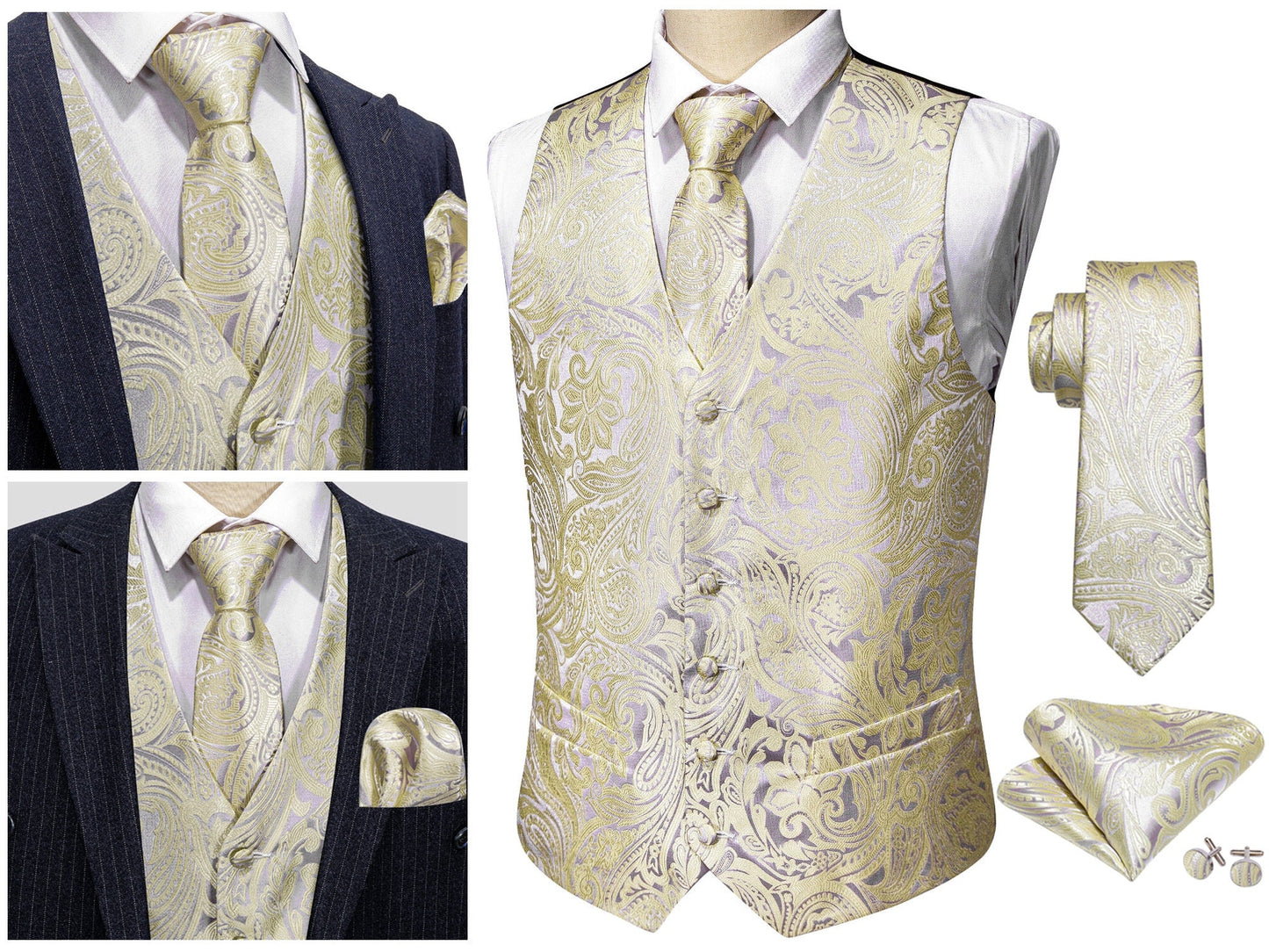 Men's Floral Waistcoat Novelty Silky Set Gilet Tuxedo Vest Barry Wang Casual Business [Budhi Ivory+]