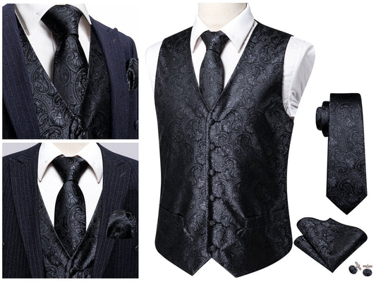 Men's Waistcoat Floral Novelty Silky Set Gilet Tuxedo Vest Barry Wang Casual Business [Damask Paisley Inky+]