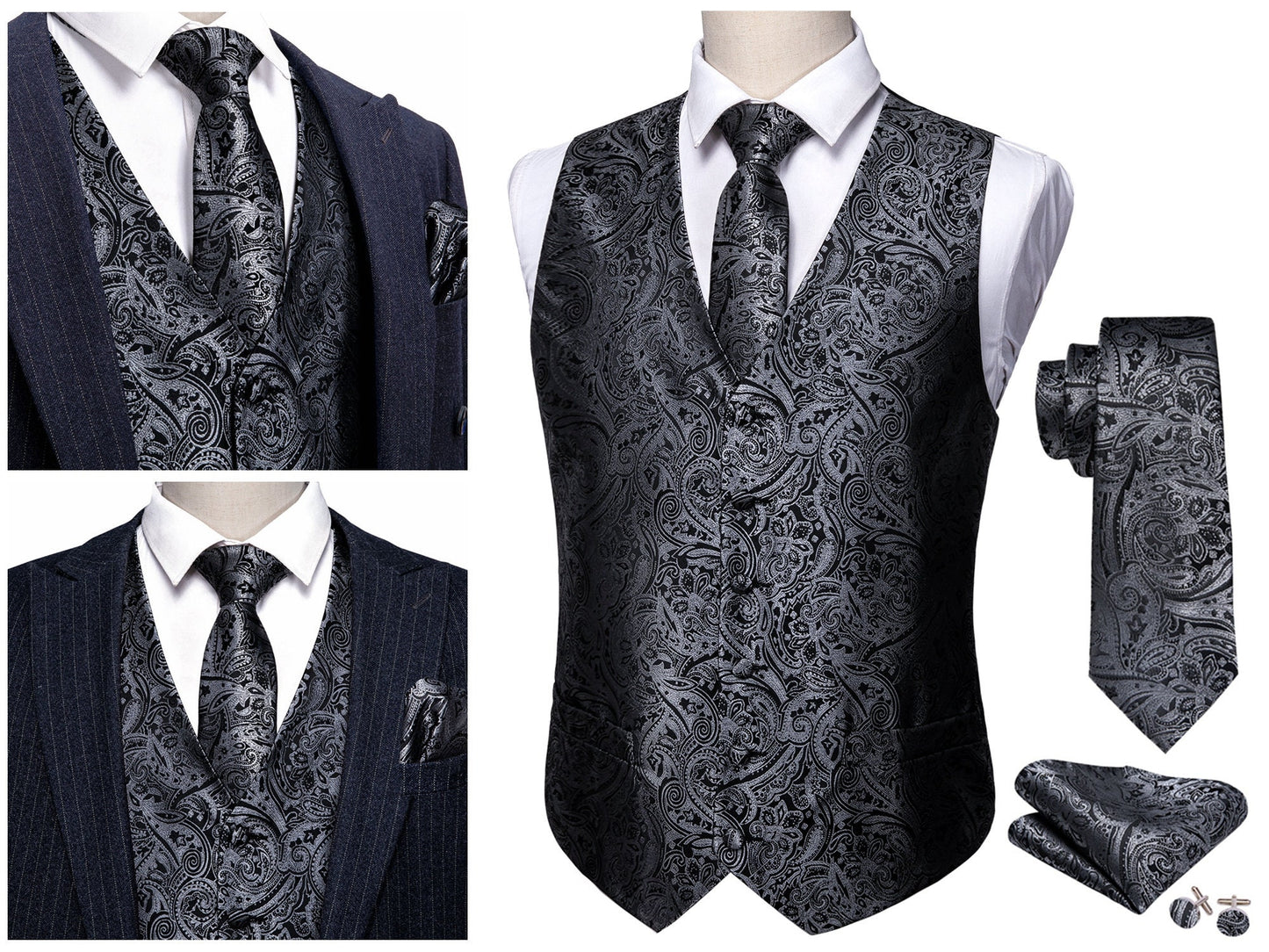 Men's Waistcoat Floral Novelty Silky Set Gilet Tuxedo Vest Barry Wang Casual Business [Damask Gold Foil+]
