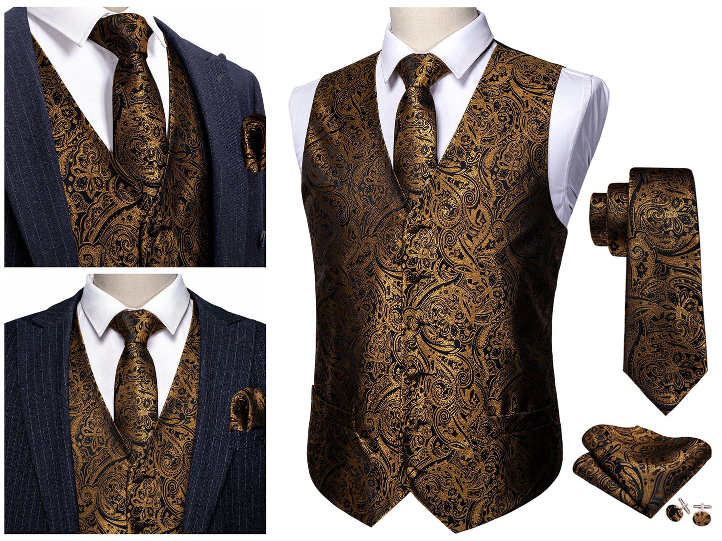 Men's Waistcoat Floral Novelty Silky Set Gilet Tuxedo Vest Barry Wang Casual Business [Damask Gold Foil+]