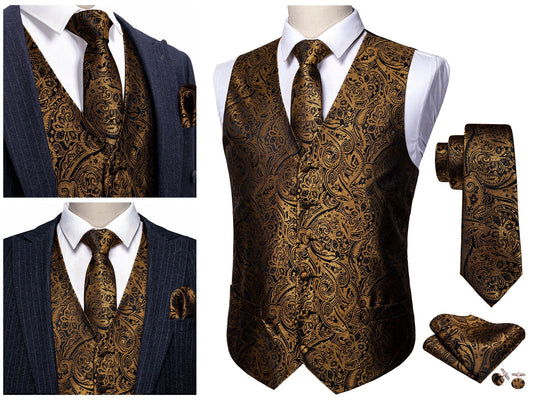 Men's Waistcoat Floral Novelty Silky Set Gilet Tuxedo Vest Barry Wang Casual Business [Damask Paisley Tobacco+]