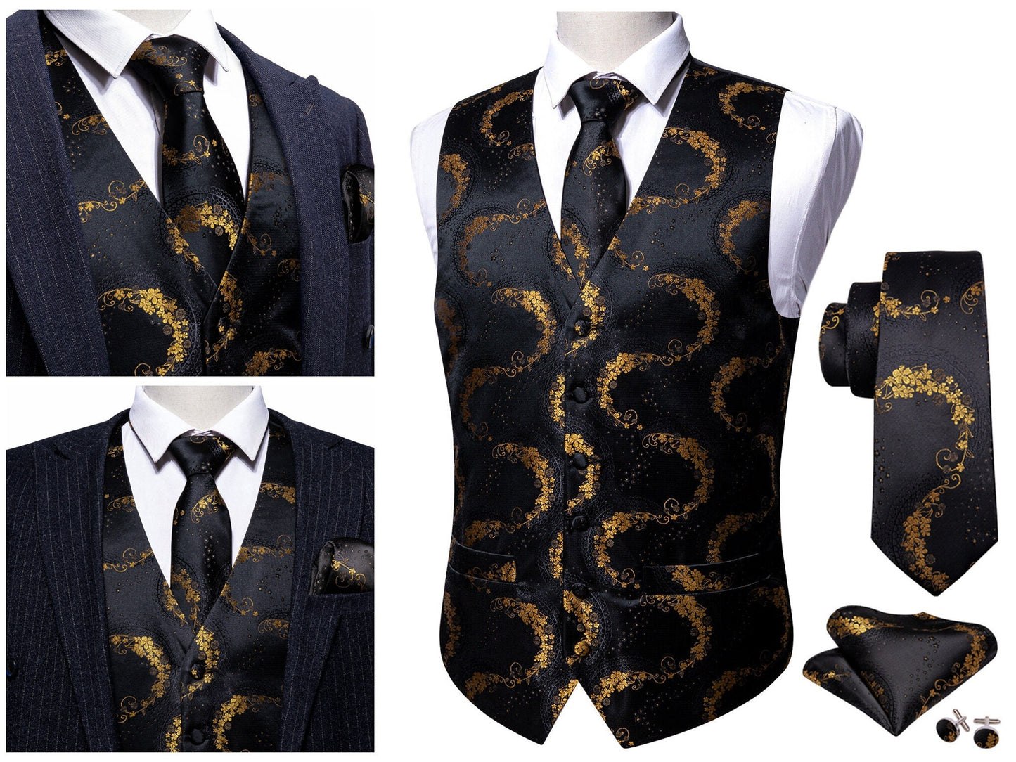 Men's Waistcoat Paisley Floral Silky Set Gilet Tuxedo Vest Barry Wang Casual Business [Ane Mone Black+]
