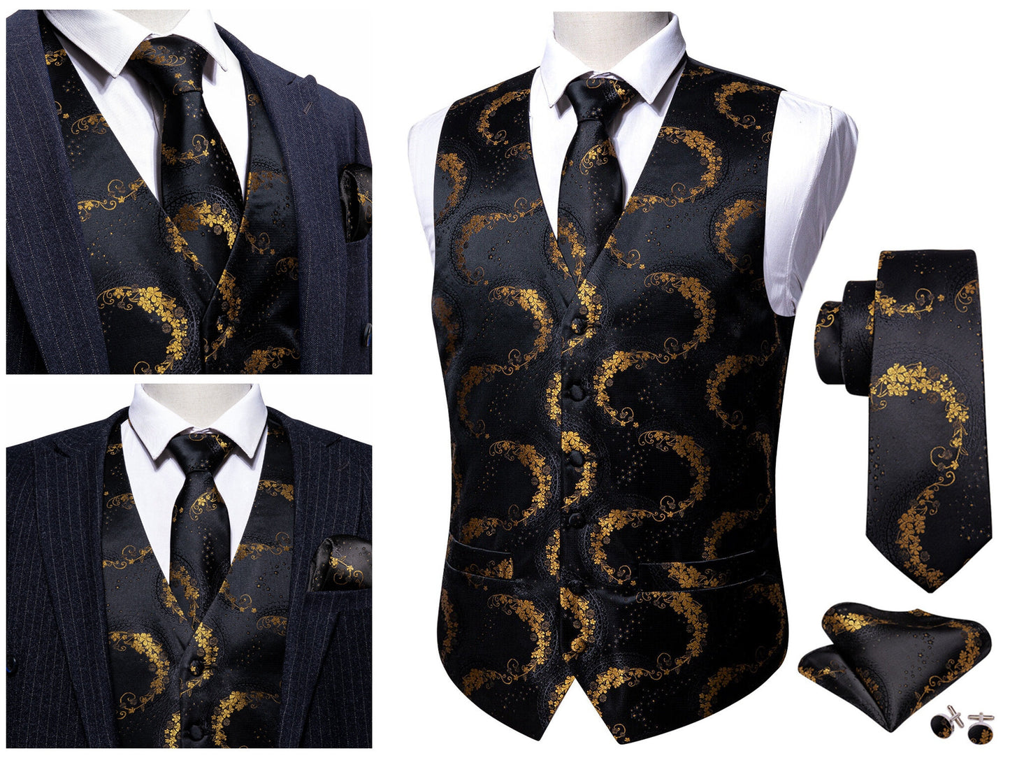 Men's Waistcoat Paisley Floral Silky Set Gilet Tuxedo Vest Barry Wang Casual Business [Silver James+]