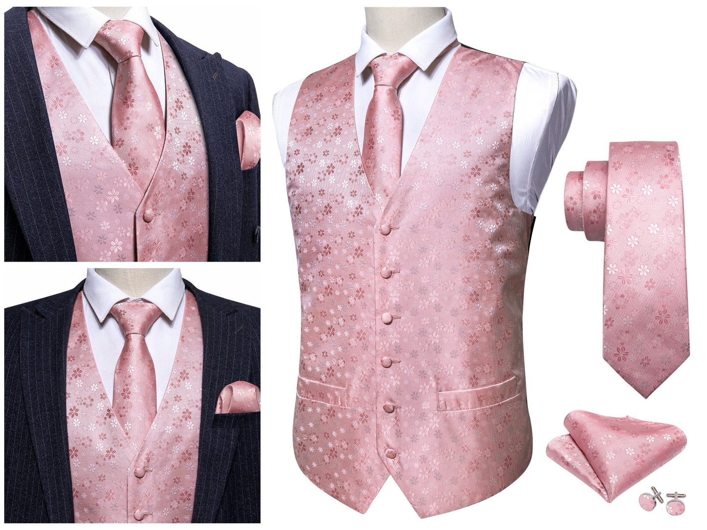 Men's Waistcoat Paisley Floral Silky Set Gilet Tuxedo Vest Barry Wang Casual Business [Funk Gale Silver Grey+]