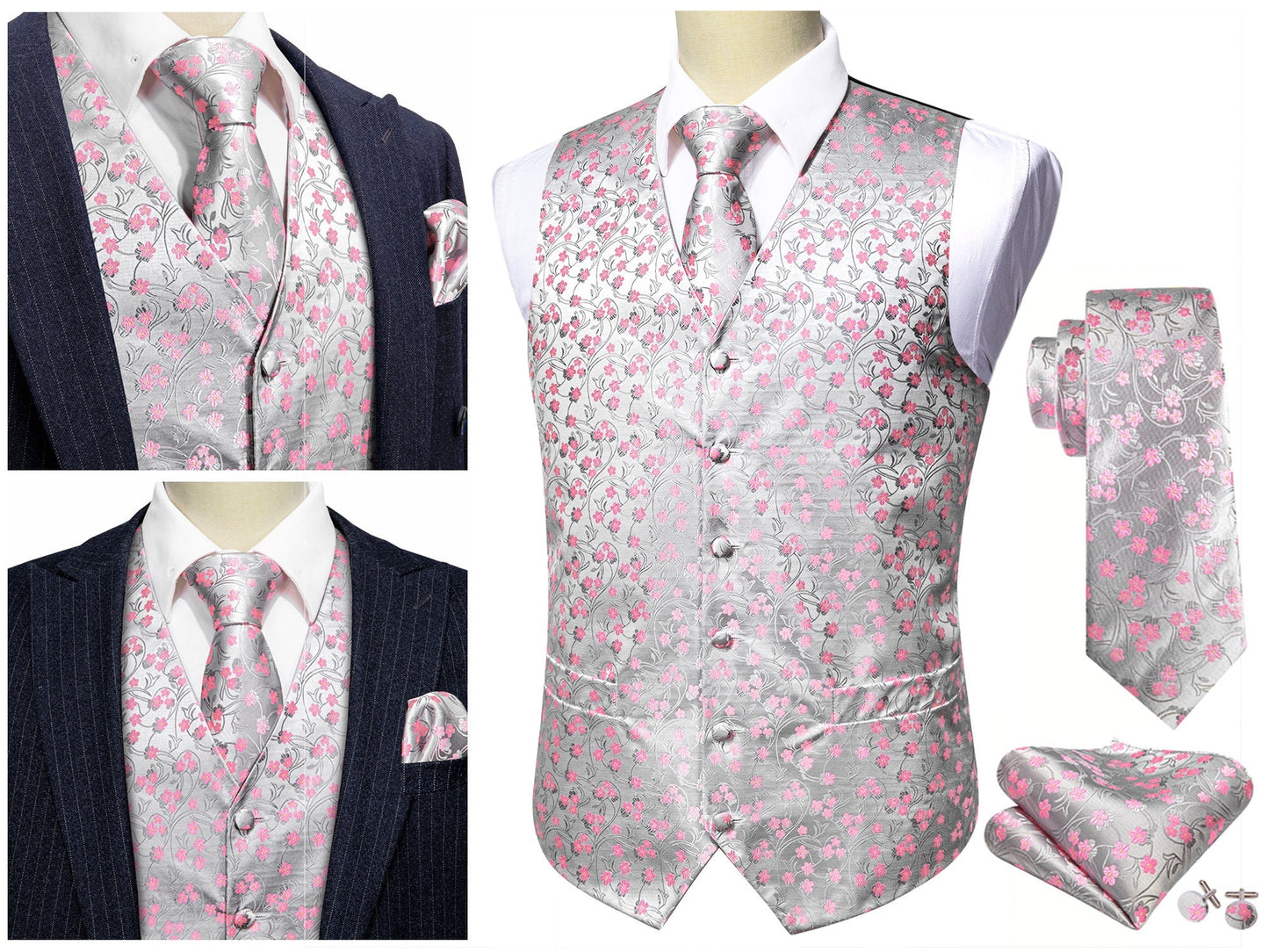 Men's Waistcoat Paisley Floral Silky Set Gilet Tuxedo Vest Barry Wang Casual Business [Funk Gale Silver Grey+]