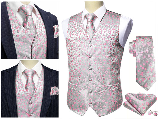 Men's Waistcoat Paisley Floral Silky Set Gilet Tuxedo Vest Barry Wang Casual Business [Silver James+]