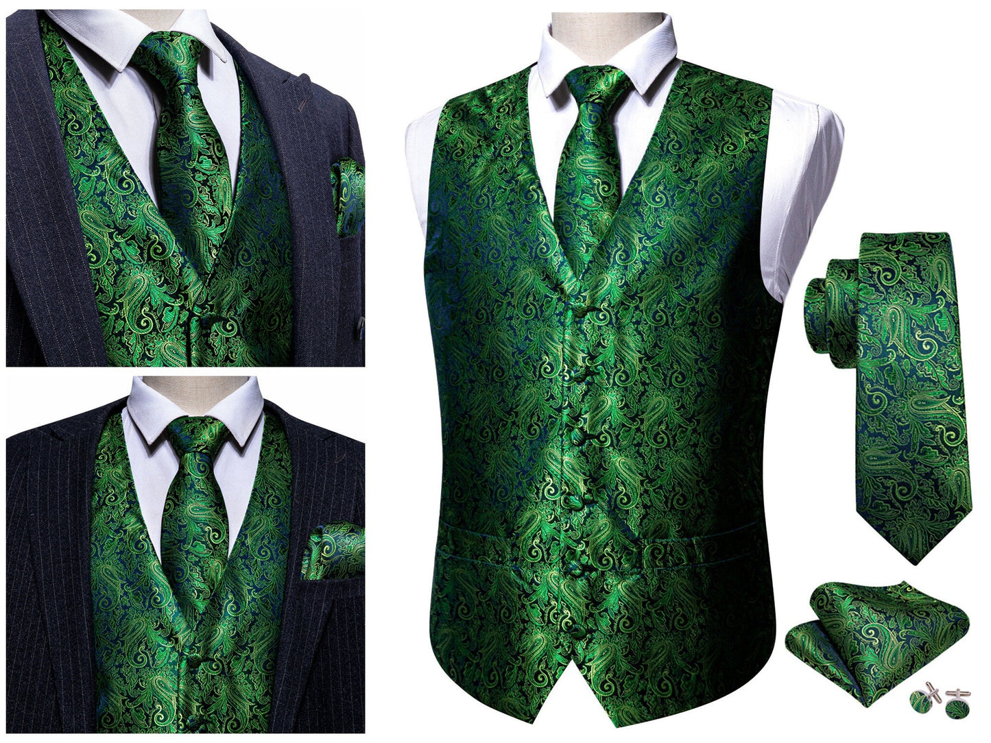 Men's Waistcoat Paisley Floral Silky Set Gilet Tuxedo Vest Barry Wang Casual Business [Ane Mone Black+]