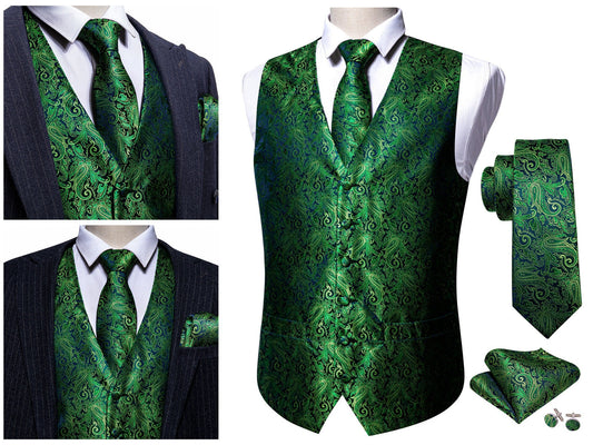 Men's Waistcoat Paisley Floral Silky Set Gilet Tuxedo Vest Barry Wang Casual Business [Paisley Green+]