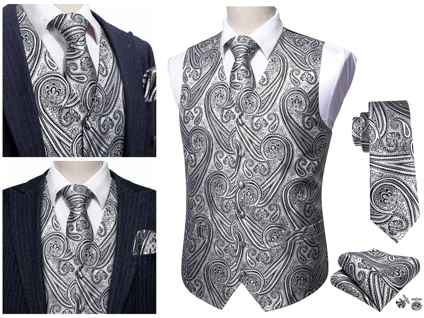 Men's Waistcoat Paisley Floral Silky Set Gilet Tuxedo Vest Barry Wang Casual Business [Ane Mone Black+]