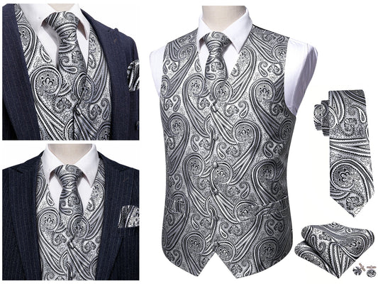 Men's Waistcoat Paisley Floral Silky Set Gilet Tuxedo Vest Barry Wang Casual Business [Funk Gale Silver Grey+]