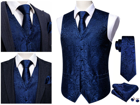 Men's Waistcoat Floral Paisley Silky Set Gilet Tuxedo Vest Barry Wang Casual Business [Royal Blue Knight+]