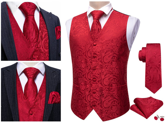 Men's Waistcoat Floral Paisley Silky Set Gilet Tuxedo Vest Barry Wang Casual Business [Lava Leap Red+]