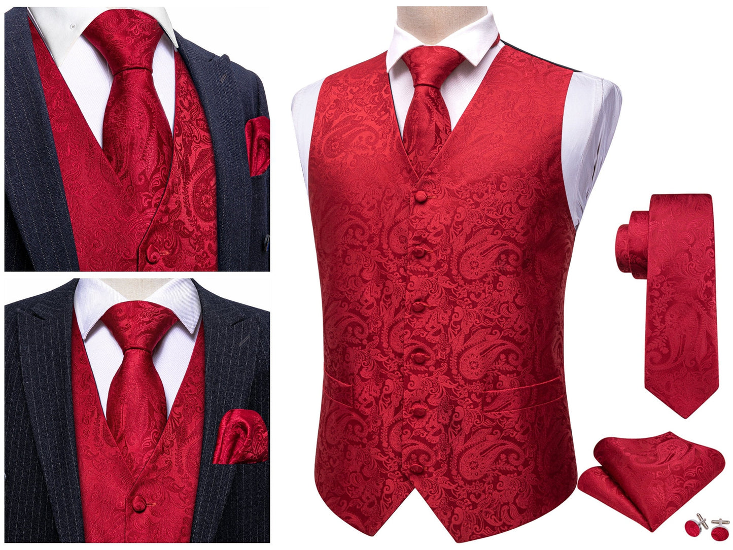 Men's Waistcoat Floral Paisley Silky Set Gilet Tuxedo Vest Barry Wang Casual Business [Pine Fossil+]