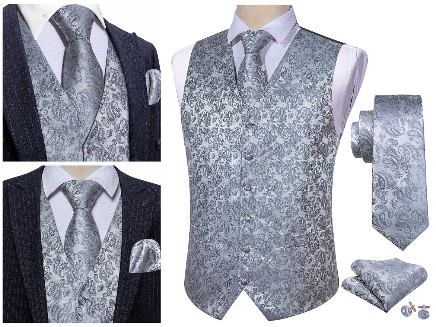 Men's Waistcoat Floral Paisley Silky Set Gilet Tuxedo Vest Barry Wang Casual Business [Dark Halo Black+]