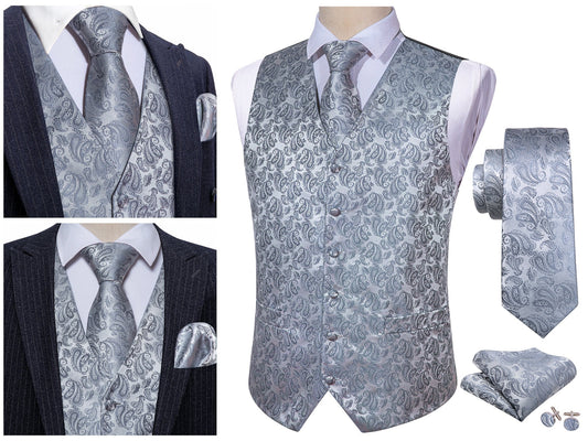 Men's Waistcoat Floral Paisley Silky Set Gilet Tuxedo Vest Barry Wang Casual Business [Cashew Metal Grey+]
