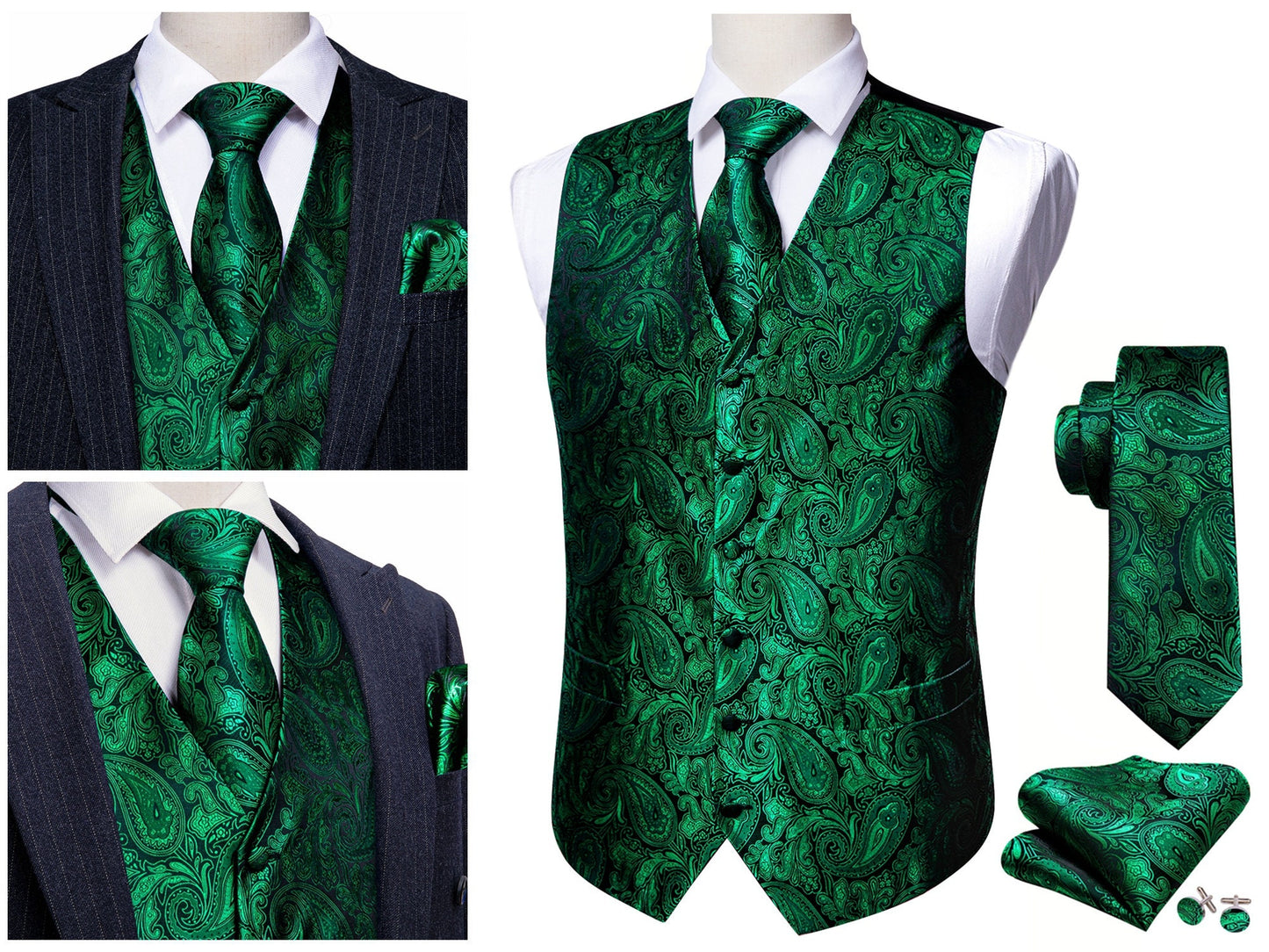 Men's Silky Waistcoat Floral Paisley Set Gilet Tuxedo Vest Barry Wang Casual Business [Royal Blue Cashew+]