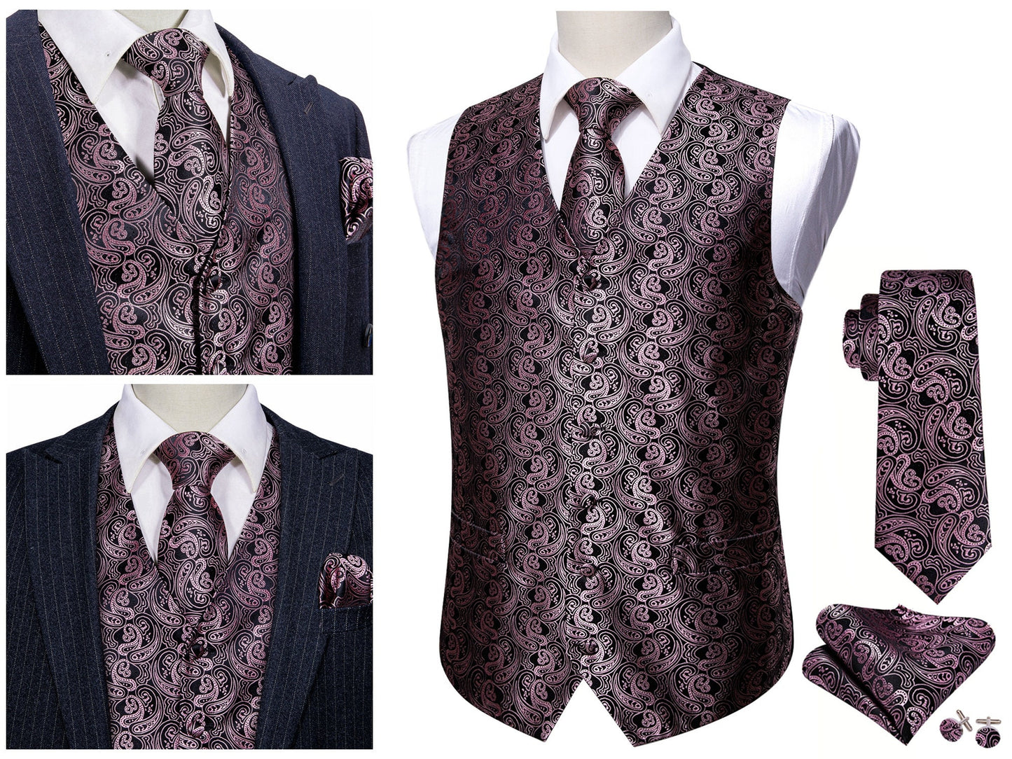 Men's Silky Waistcoat Floral Paisley Set Gilet Tuxedo Vest Barry Wang Casual Business [Royal Blue Cashew+]