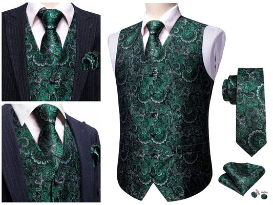 Men's Silky Waistcoat Floral Paisley Set Gilet Tuxedo Vest Barry Wang Casual Business [Pine Green Sunrise+]