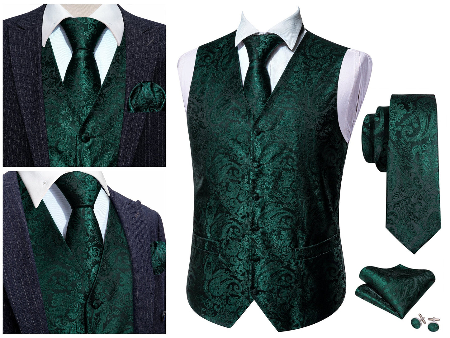 Men's Silky Waistcoat Floral Patterned Set Gilet Tuxedo Vest Barry Wang Casual Business [Silver Sheild+]