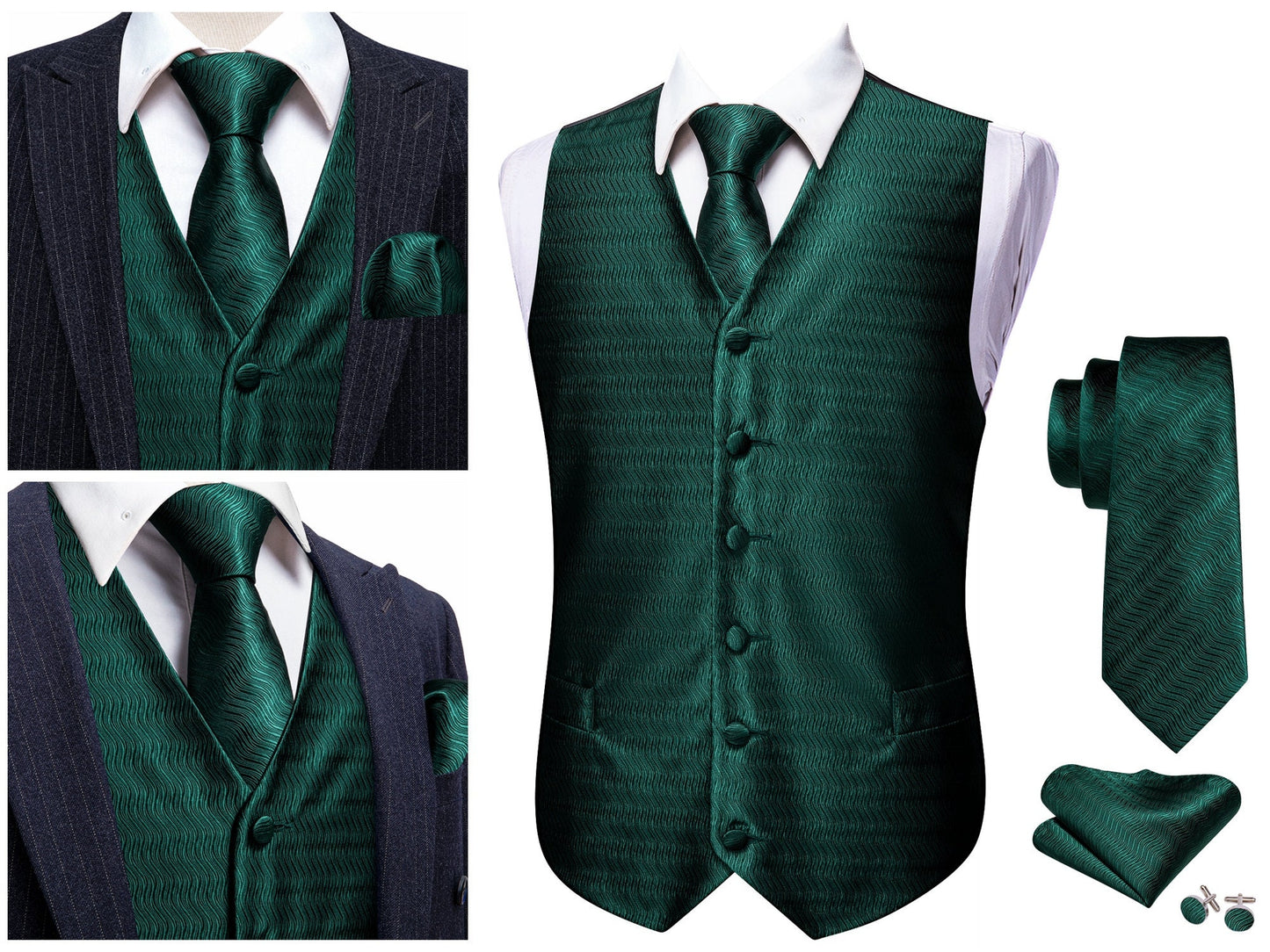 Men's Silky Waistcoat Floral Patterned Set Gilet Tuxedo Vest Barry Wang Casual Business [Silver Sheild+]