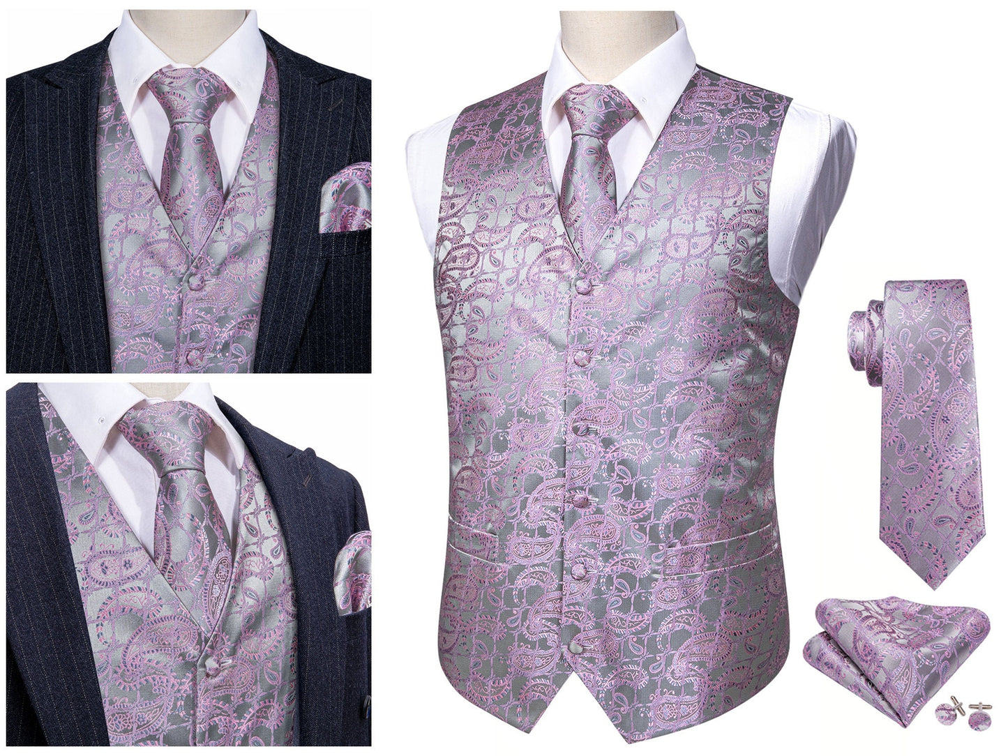 Men's Silky Waistcoat Floral Patterned Set Gilet Tuxedo Vest Barry Wang Casual Business [Silver Sheild+]