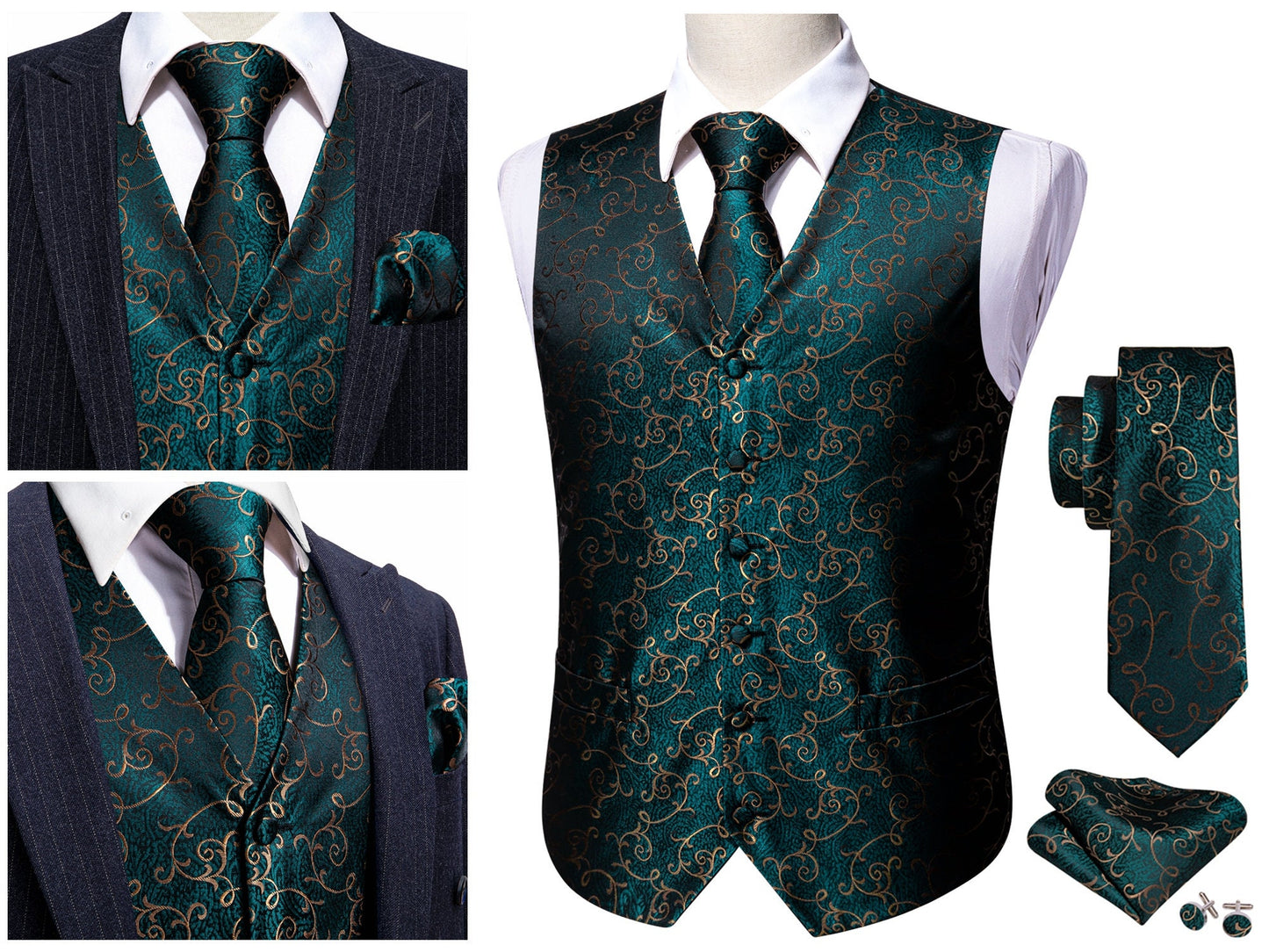 Men's Silky Waistcoat Floral Patterned Set Gilet Tuxedo Vest Barry Wang Casual Business [Silver Sheild+]