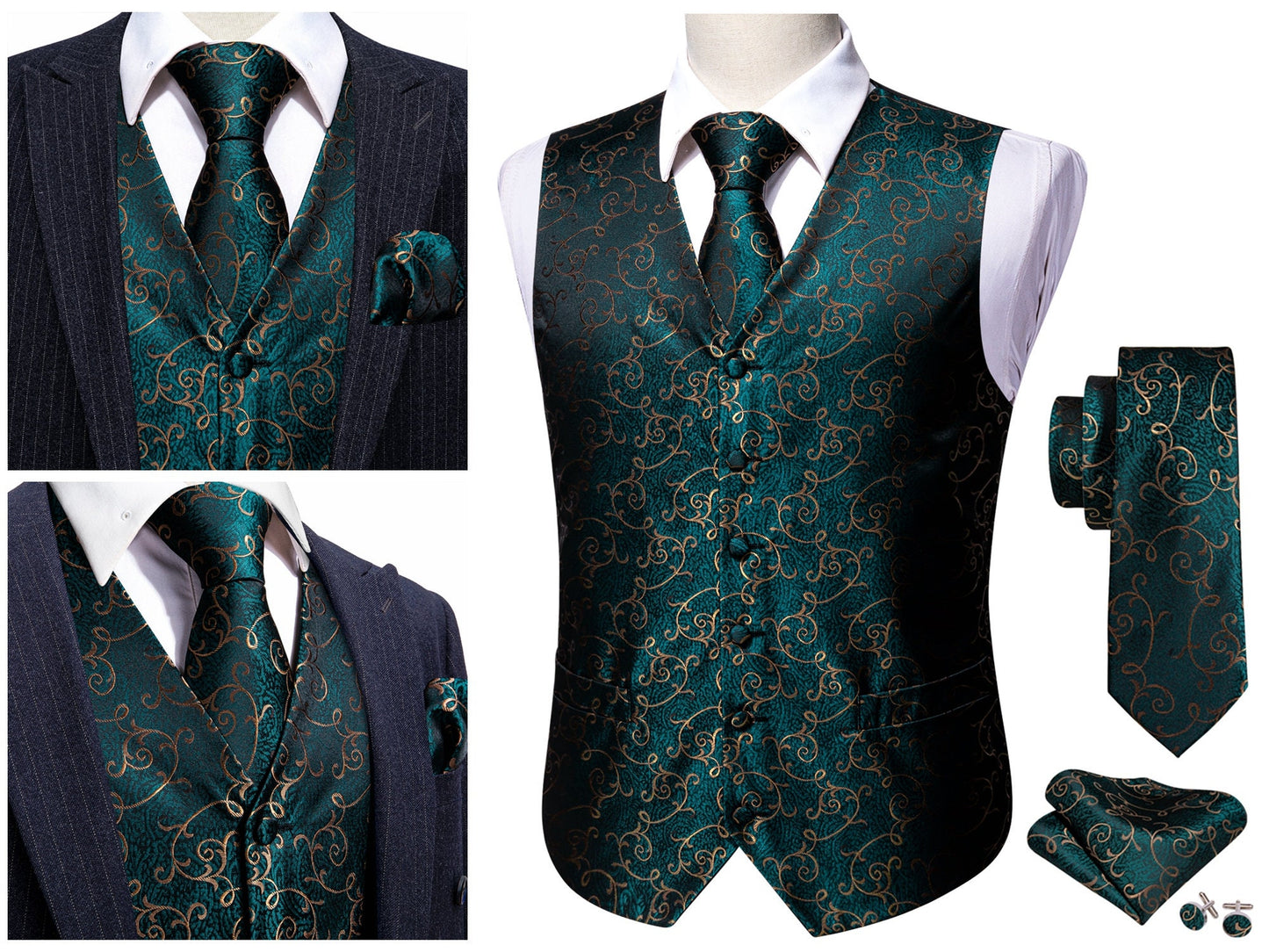 Men's Silky Waistcoat Floral Patterned Set Gilet Tuxedo Vest Barry Wang Casual Business [Teal Weeds+]