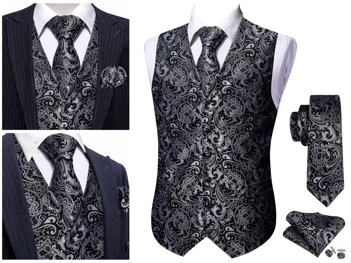 Men's Silky Waistcoat Floral Patterned Set Gilet Tuxedo Vest Barry Wang Casual Business [Silver Sheild+]