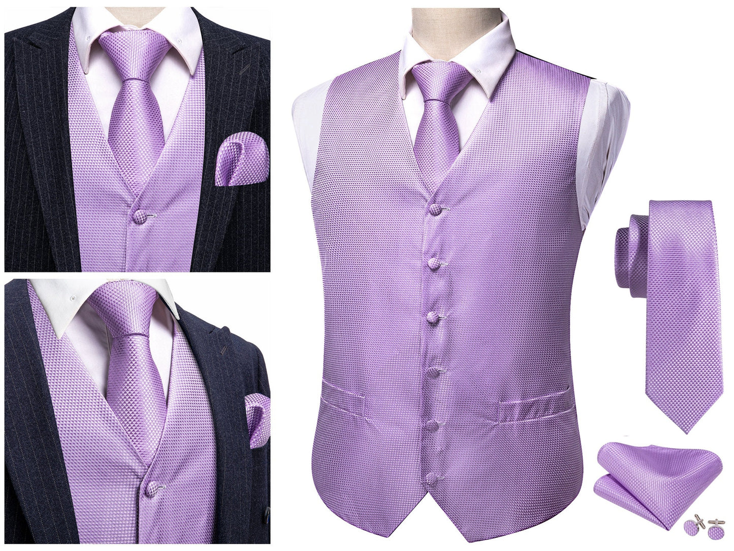 Men's Silky Waistcoat Floral Patterned Set Gilet Tuxedo Vest Barry Wang Casual Business [Silver Sheild+]