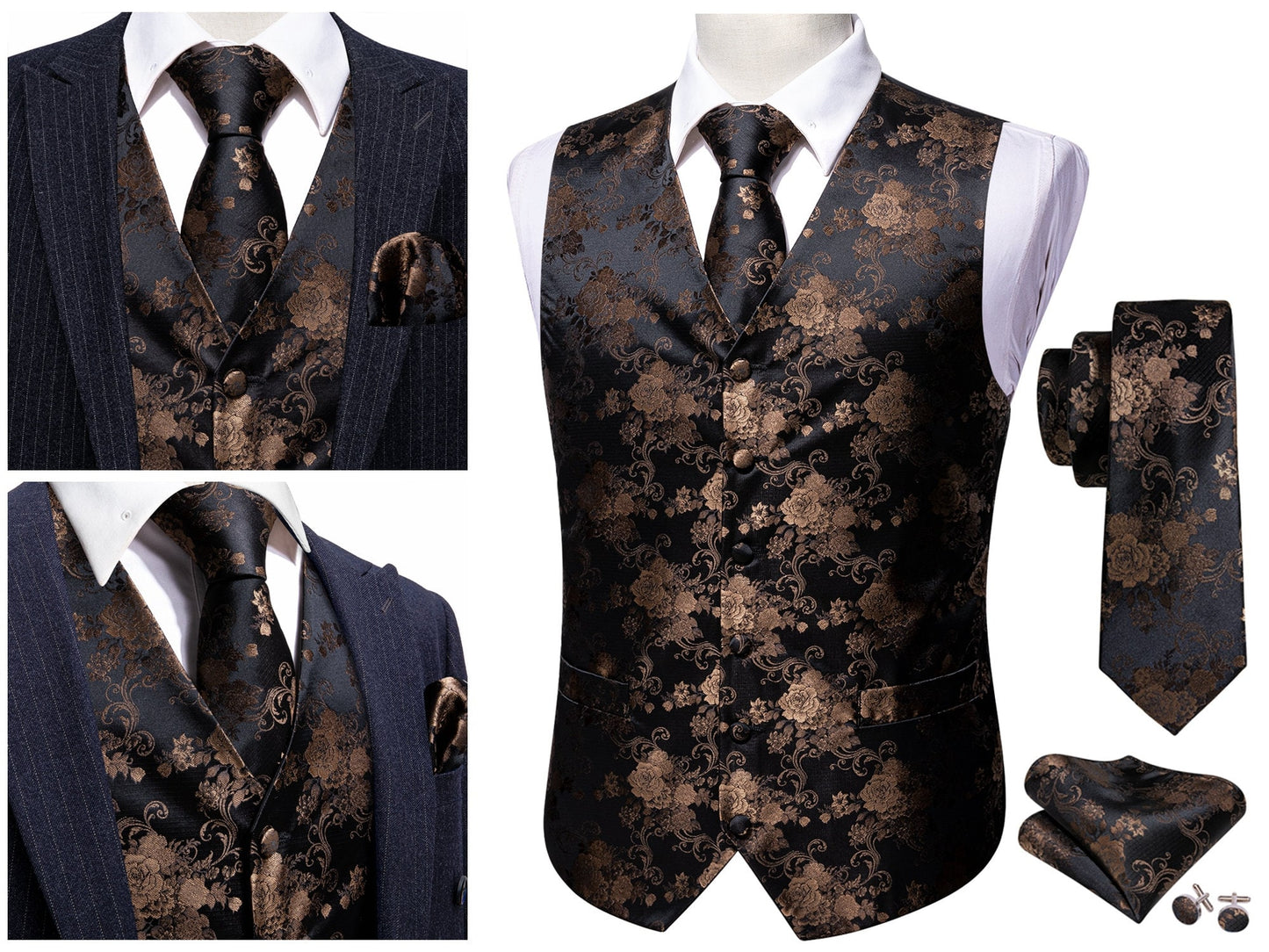 Men's Floral Waistcoat Silky Patterned Set Gilet Tuxedo Vest Barry Wang Casual Business [Lava Red+]
