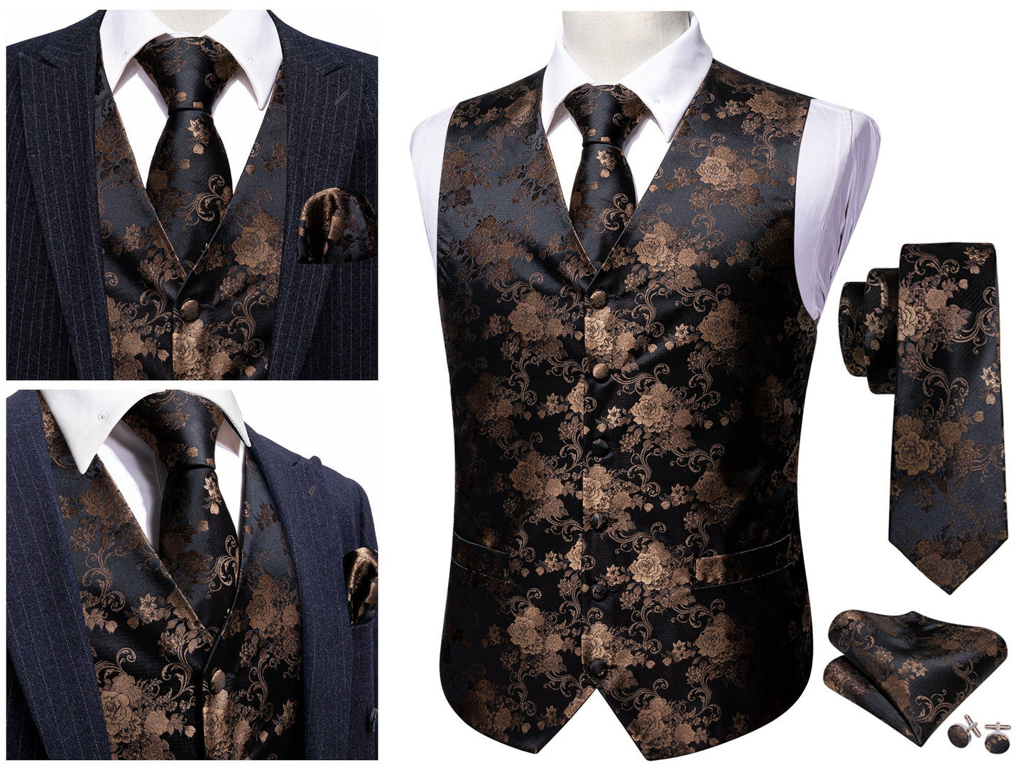 Men's Floral Waistcoat Silky Patterned Set Gilet Tuxedo Vest Barry Wang Casual Business [Red Dahlia+]