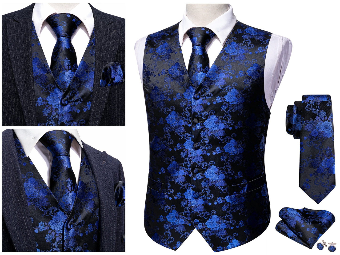 Men's Floral Waistcoat Silky Patterned Set Gilet Tuxedo Vest Barry Wang Casual Business [Red Dahlia+]