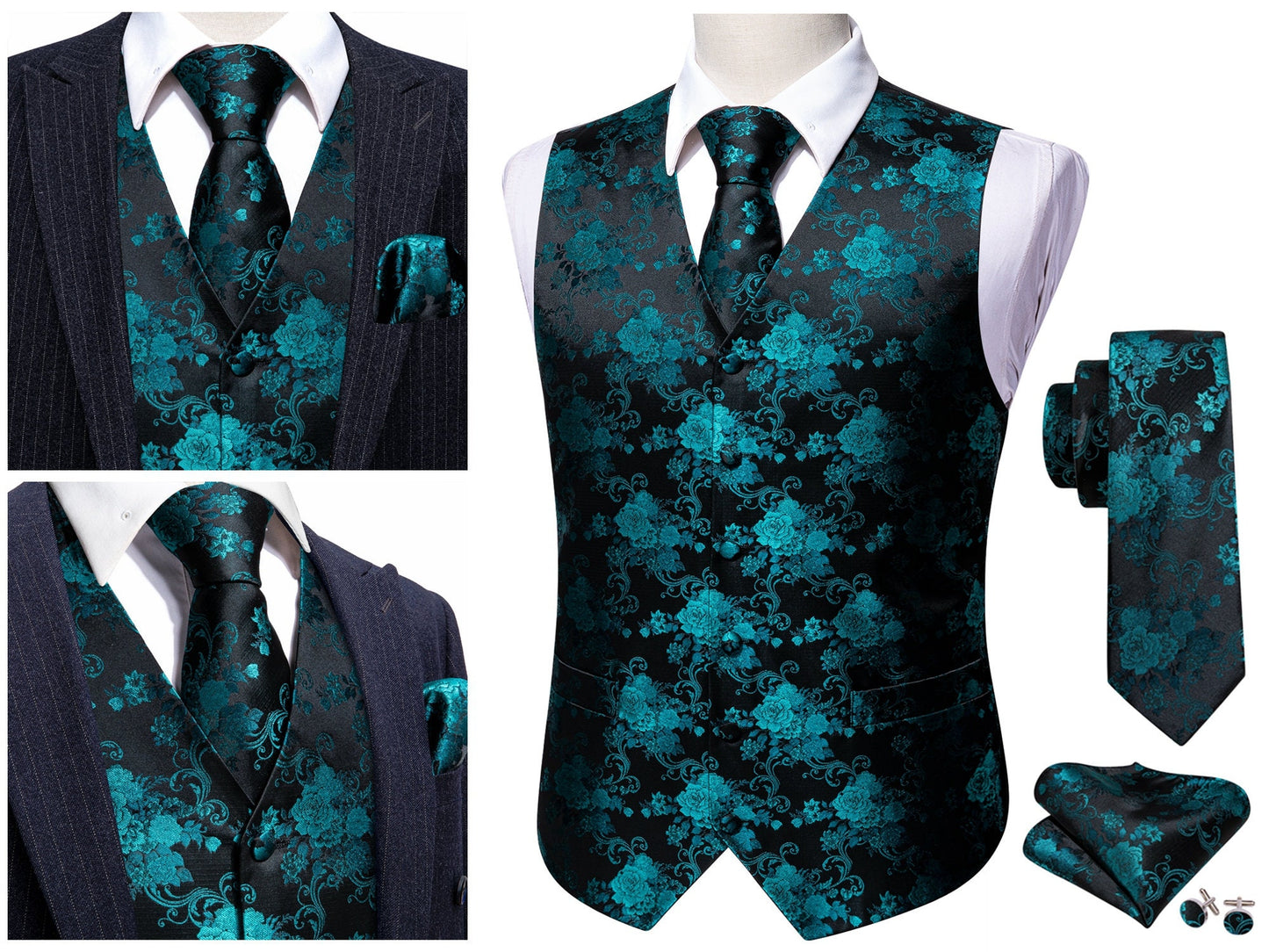 Men's Floral Waistcoat Silky Patterned Set Gilet Tuxedo Vest Barry Wang Casual Business [Golden Dahlia+]