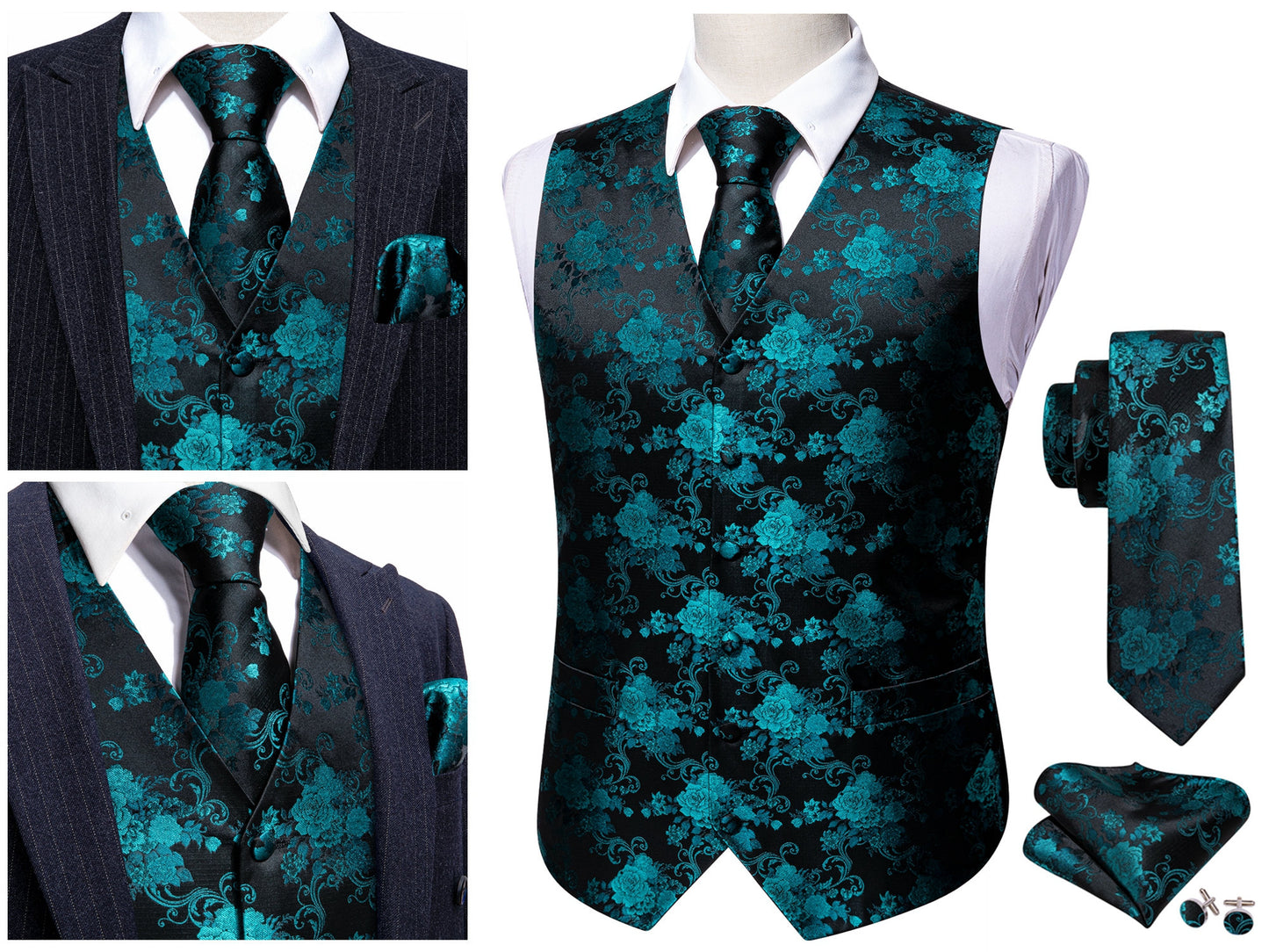 Men's Floral Waistcoat Silky Patterned Set Gilet Tuxedo Vest Barry Wang Casual Business [Lava Red+]