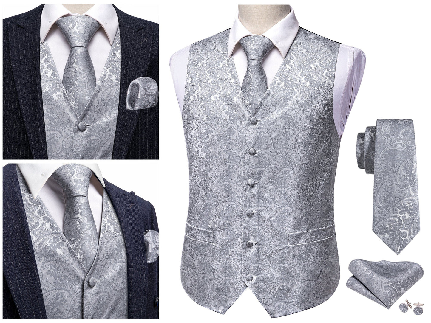 Men's Waistcoat Silky Floral Paisley Set Gilet Tuxedo Vest Barry Wang Casual Business [Steel Navy+]