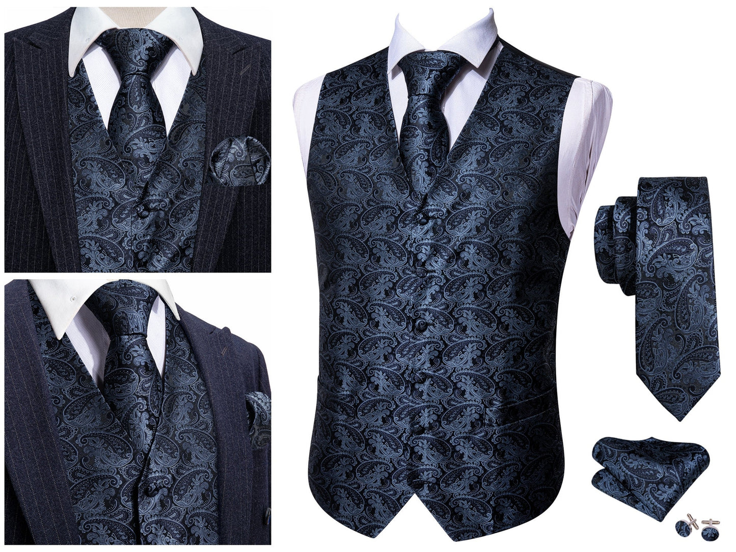 Men's Waistcoat Silky Floral Paisley Set Gilet Tuxedo Vest Barry Wang Casual Business [Icy Cadet Blue+]