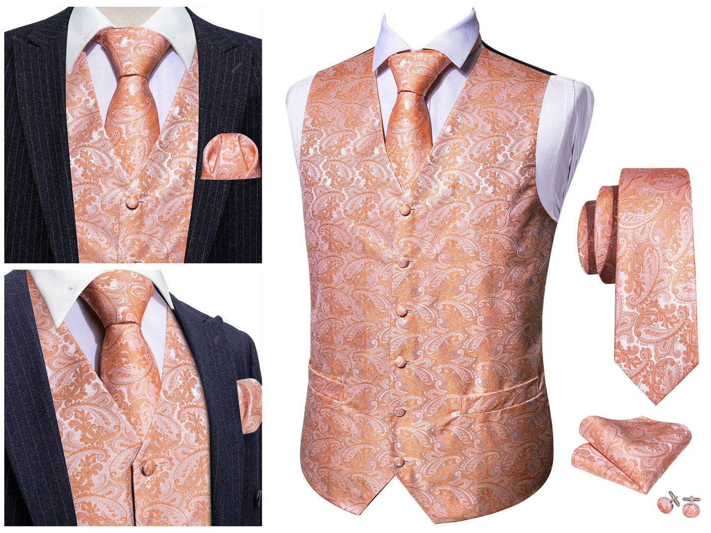 Men's Waistcoat Silky Floral Paisley Set Gilet Tuxedo Vest Barry Wang Casual Business [Charcoal Shells+]