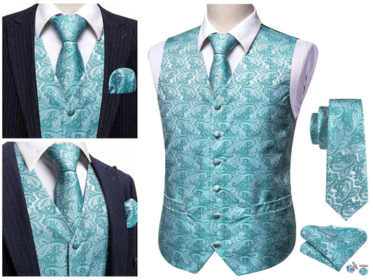 Men's Waistcoat Silky Floral Paisley Set Gilet Tuxedo Vest Barry Wang Casual Business [Icy Cadet Blue+]