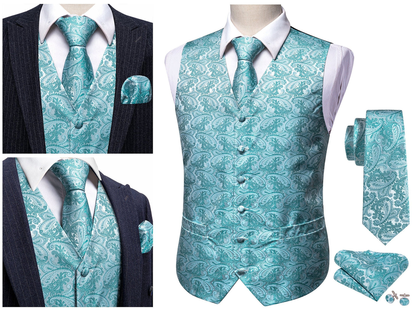 Men's Waistcoat Silky Floral Paisley Set Gilet Tuxedo Vest Barry Wang Casual Business [Teal Shells+]