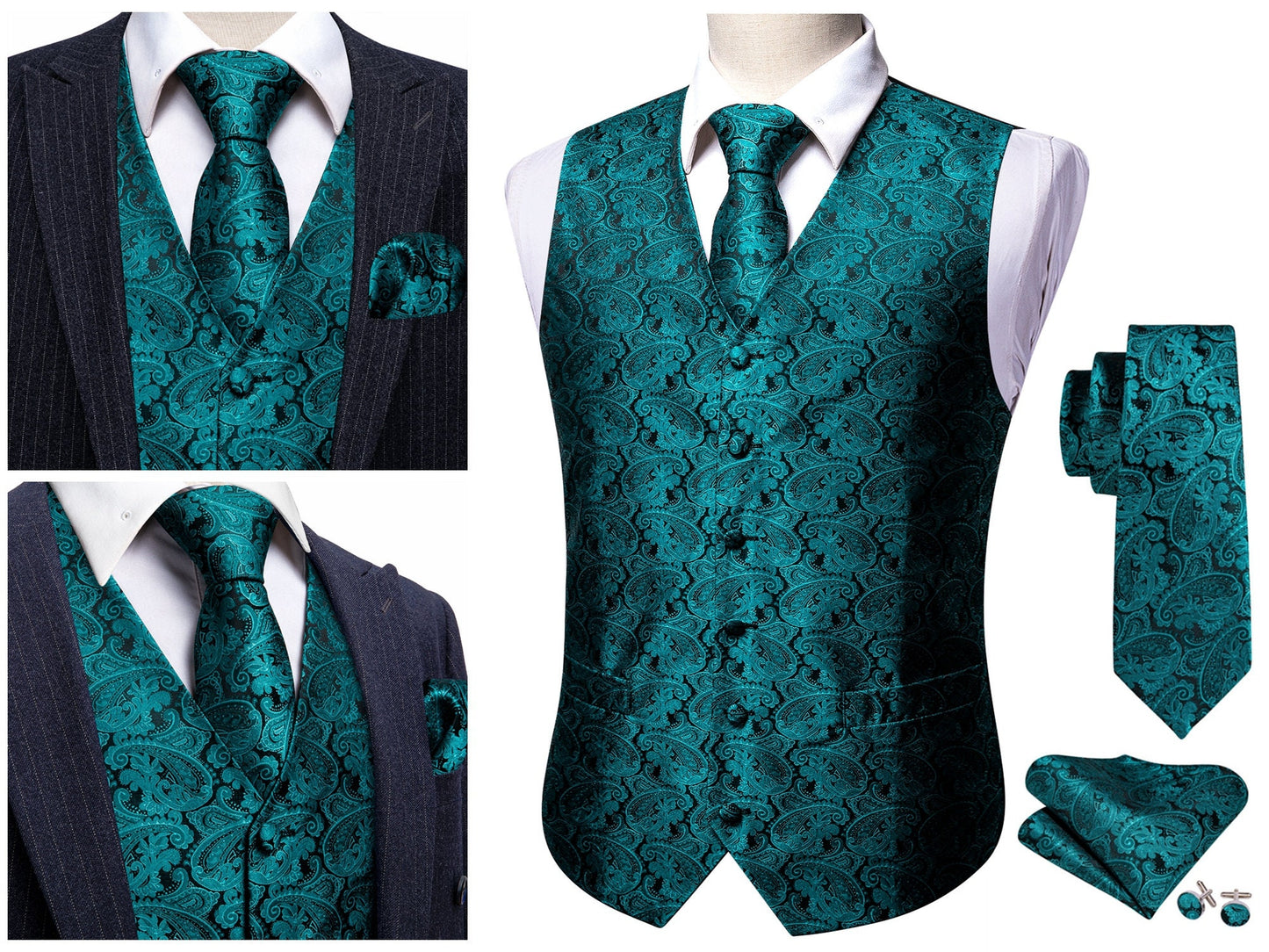 Men's Waistcoat Silky Floral Paisley Set Gilet Tuxedo Vest Barry Wang Casual Business [Icy Cadet Blue+]