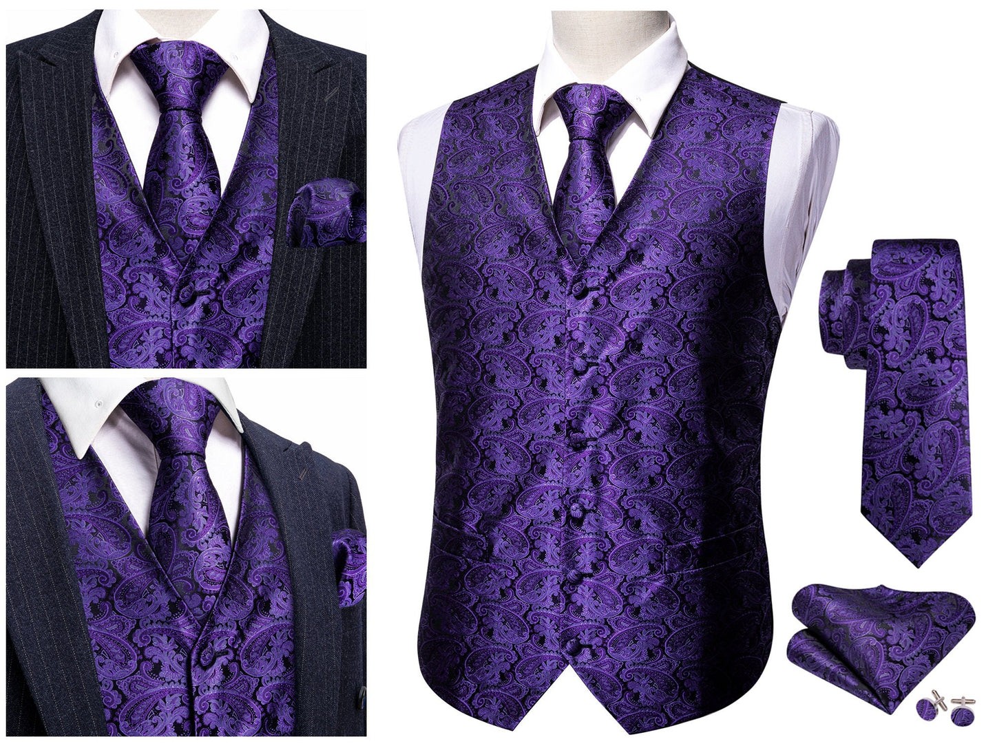 Men's Waistcoat Silky Floral Paisley Set Gilet Tuxedo Vest Barry Wang Casual Business [Teal Shells+]