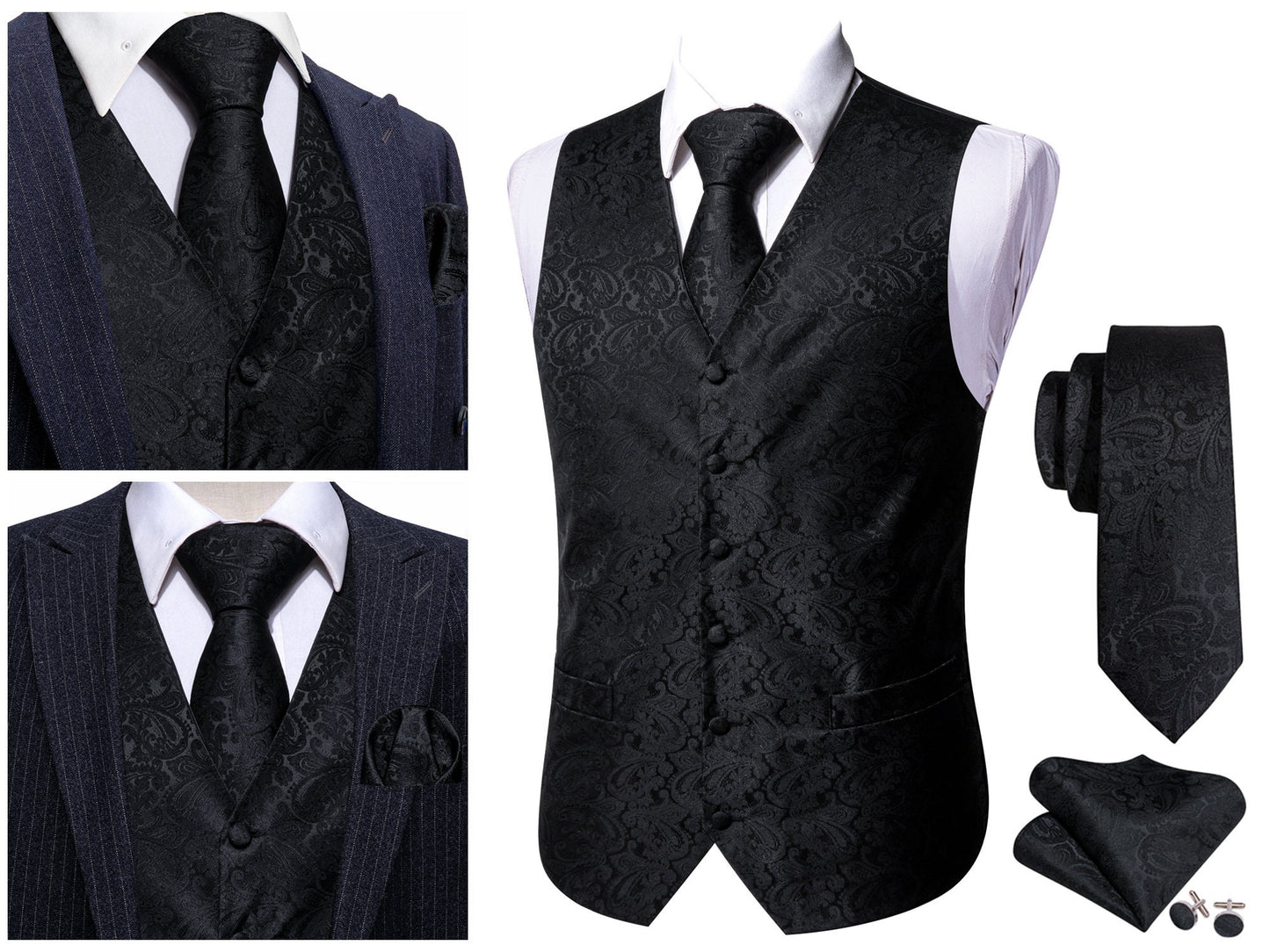 Men's Waistcoat Silky Floral Paisley Gilet Set Tuxedo Vest Barry Wang Casual Business [Seaweed Green Shells+]